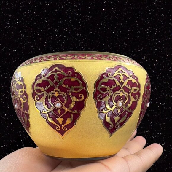 Decorium Turkish Glass Handcrafted Candy Dish Bowl Gold Gild W Lid Marked VTG - Picture 14 of 16